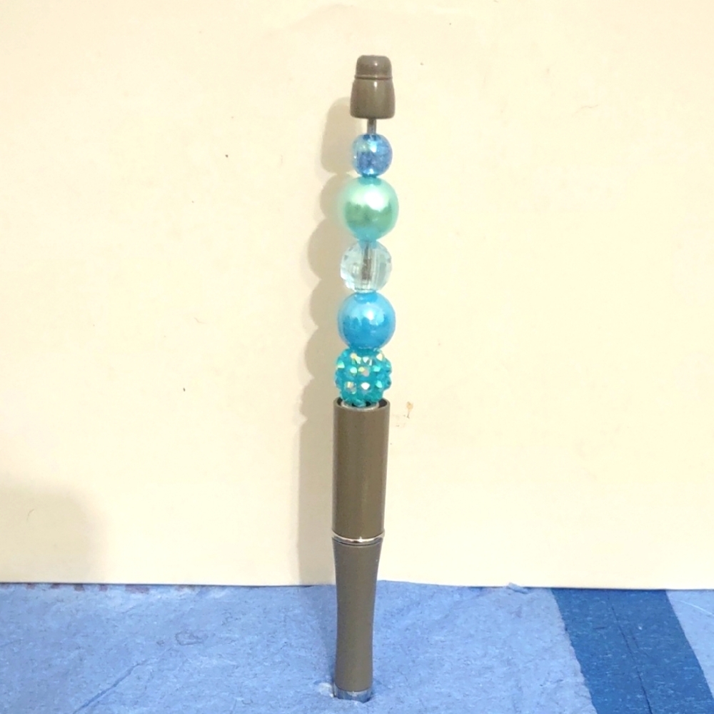 HOMEMADE BEADED PEN GRAY AND BLUE REMOVABLE TOPPER